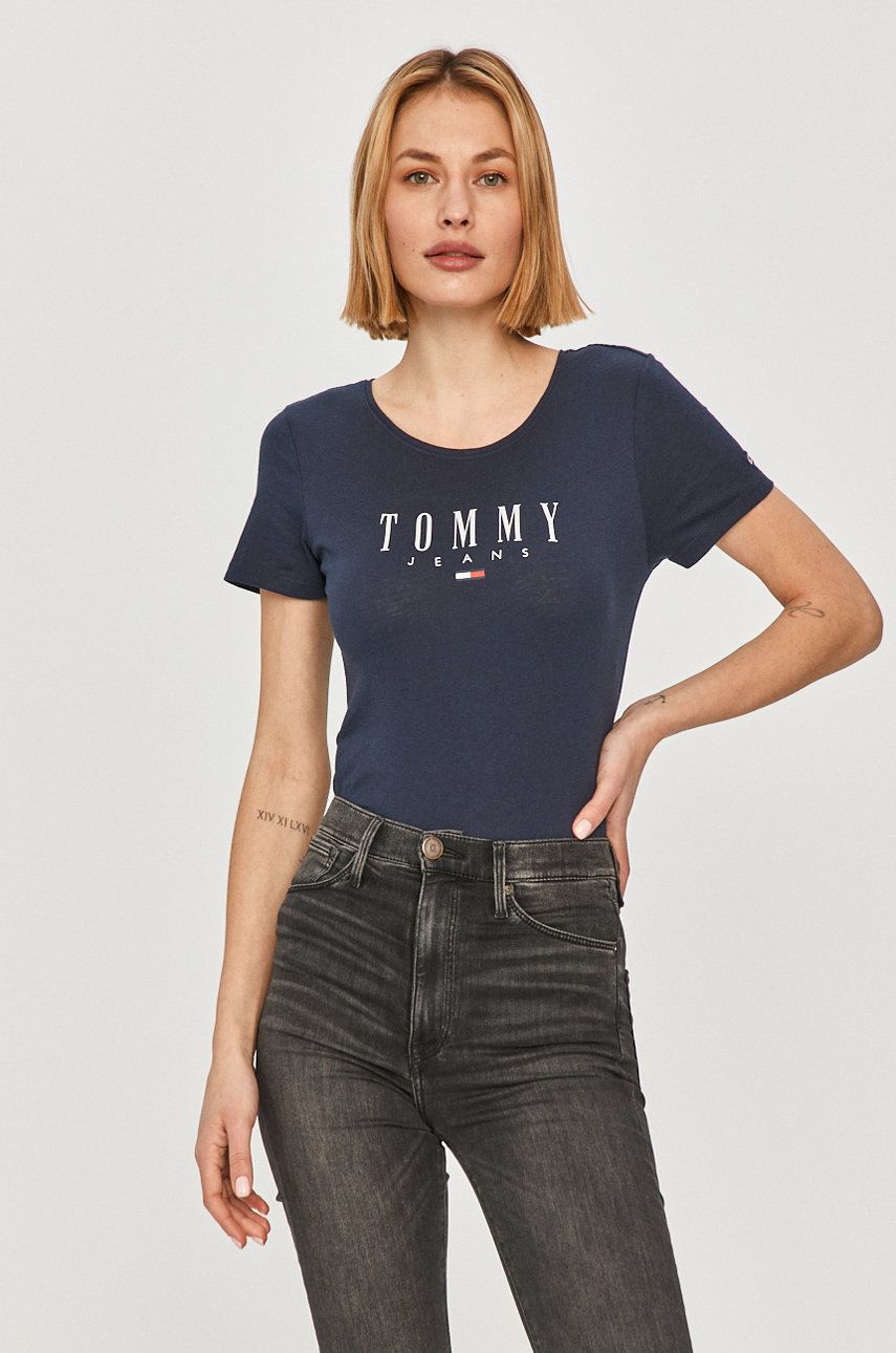 Tricou original bleumarin dama Tommy Jeans subtire din material elastic cu croi drept