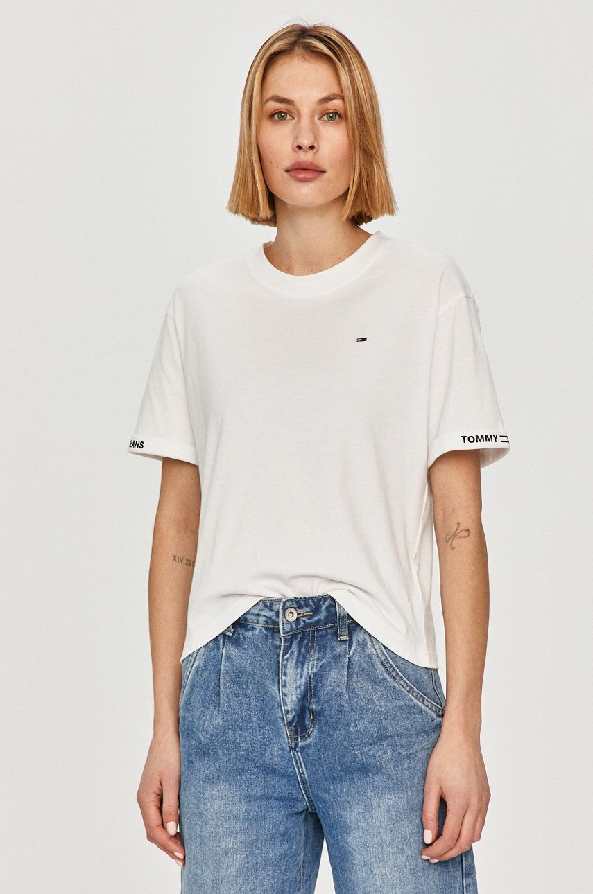 Tricou original alb casual Tommy Jeans subtire din material elastic cu croi drept