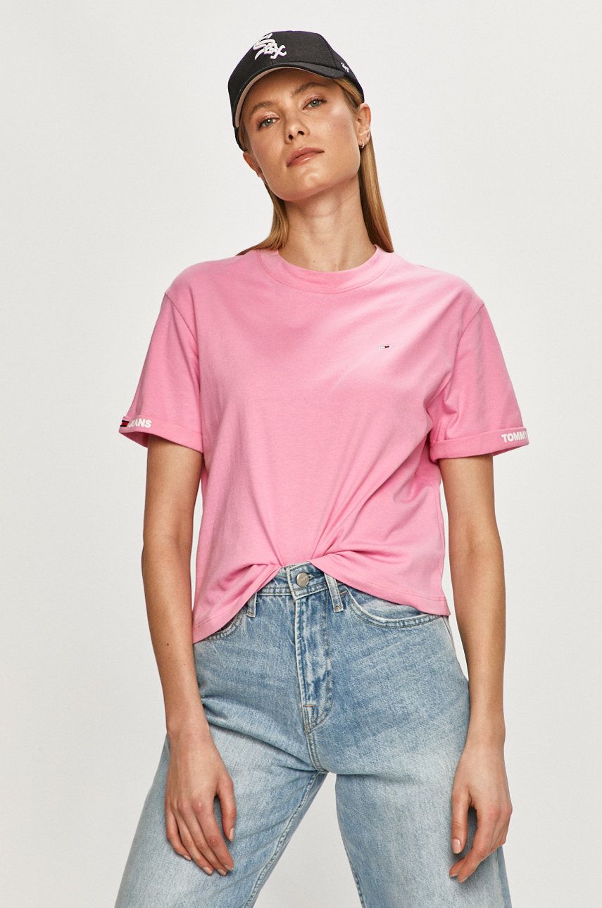 Tricou roz casual Tommy Jeans dama subtire din material elastic cu croi drept
