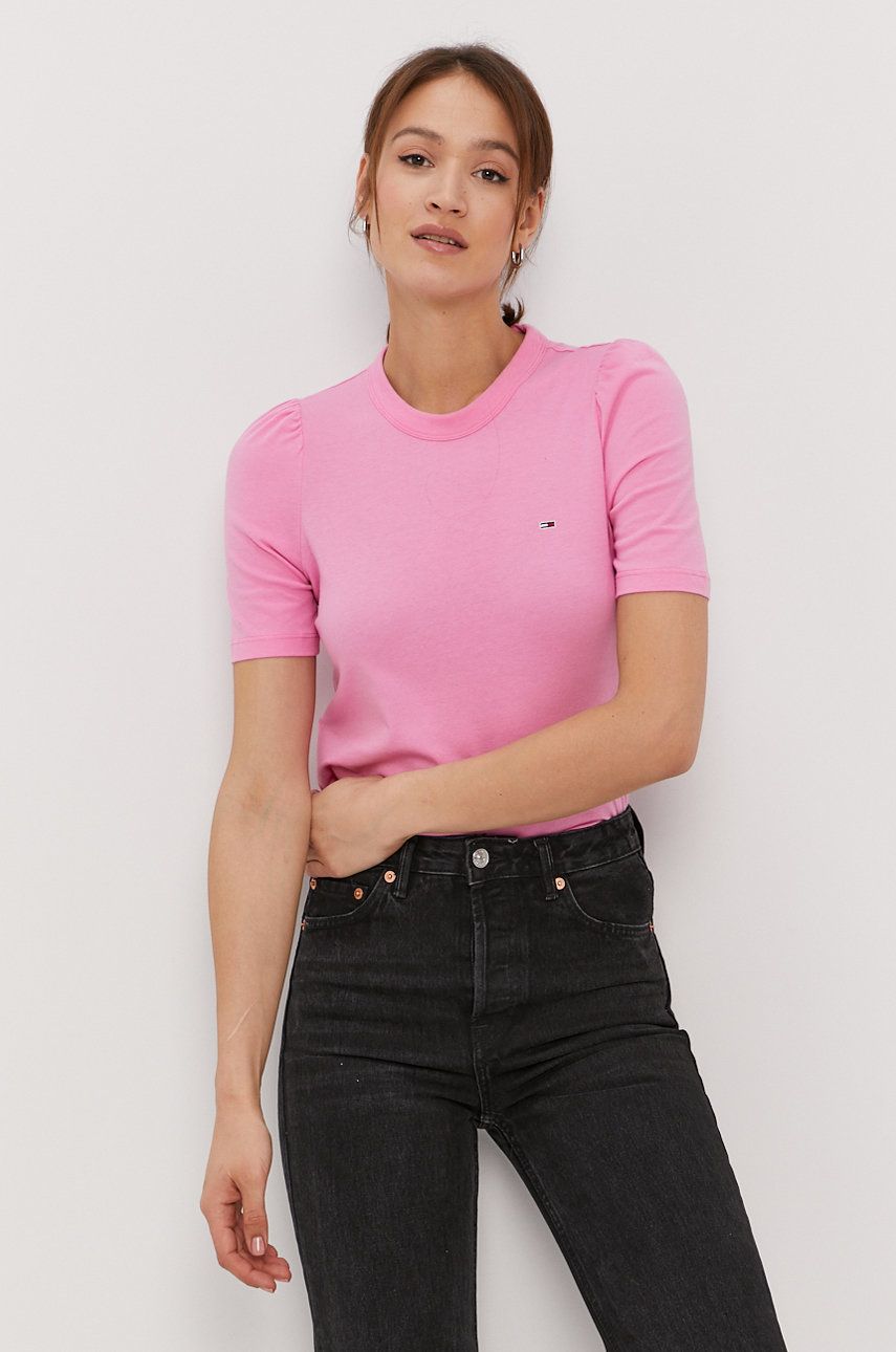 Tricou roz elegant Tommy Jeans de firma subtire din material elastic cu croi drept