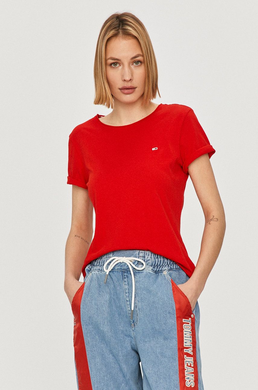 Tricou original Tommy Jeans rosu subtire din material elastic cu croi drept