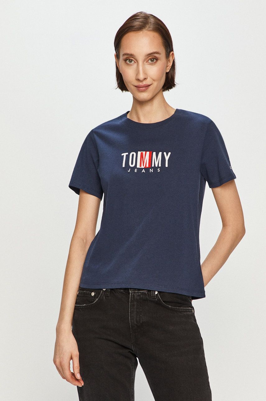 Tricou original dama Tommy Jeans bleumarin subtire si usor elastic cu croi drept