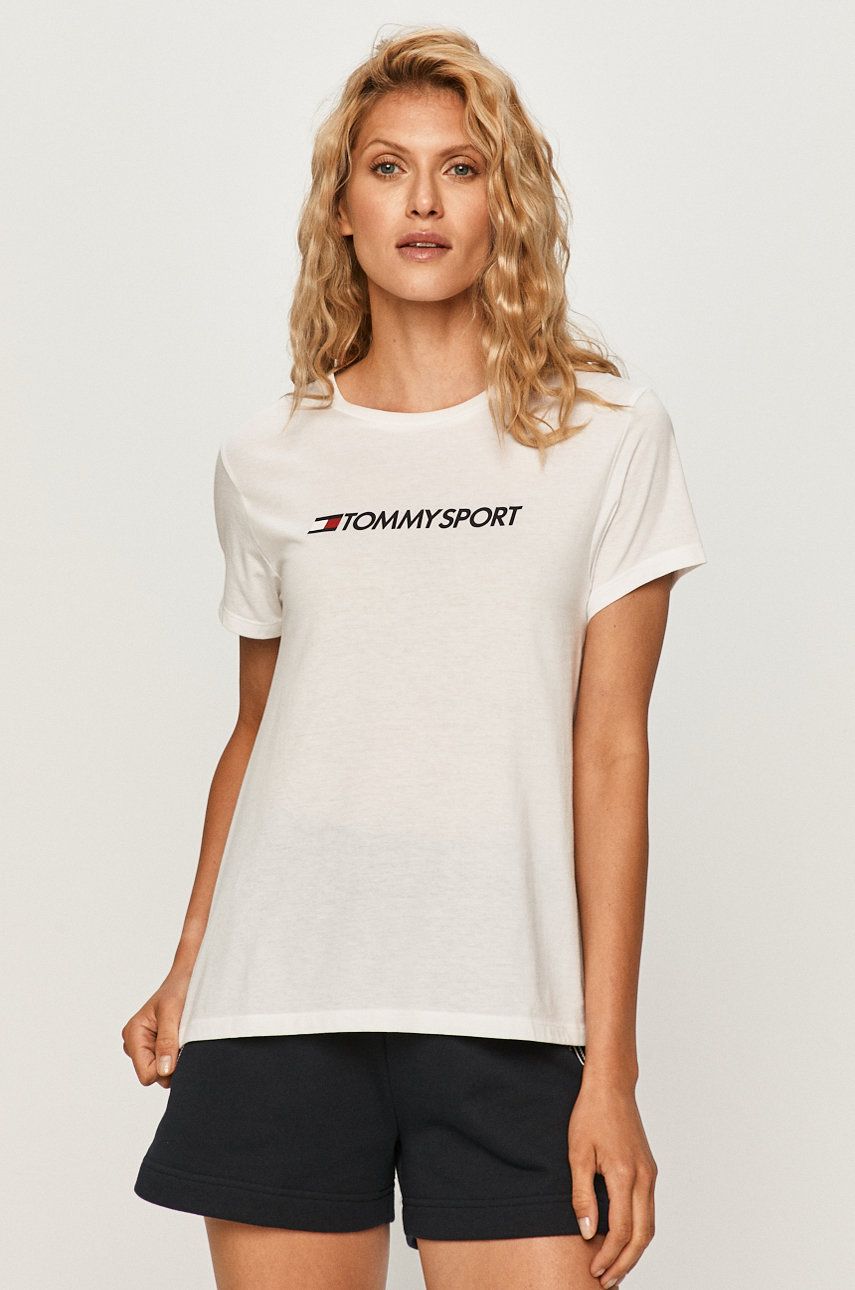 Tricou original alb Tommy Sport subtire si usor elastic cu croi drept