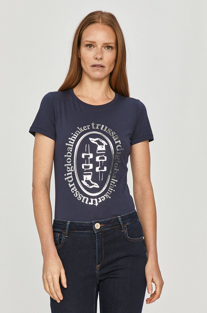 Tricou bleumarin Trussardi Jeans din tricot cu imprimeuri cu croi drept