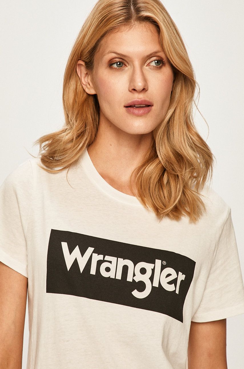 Tricou alb original Wrangler din tricot cu imprimeuri cu croi drept