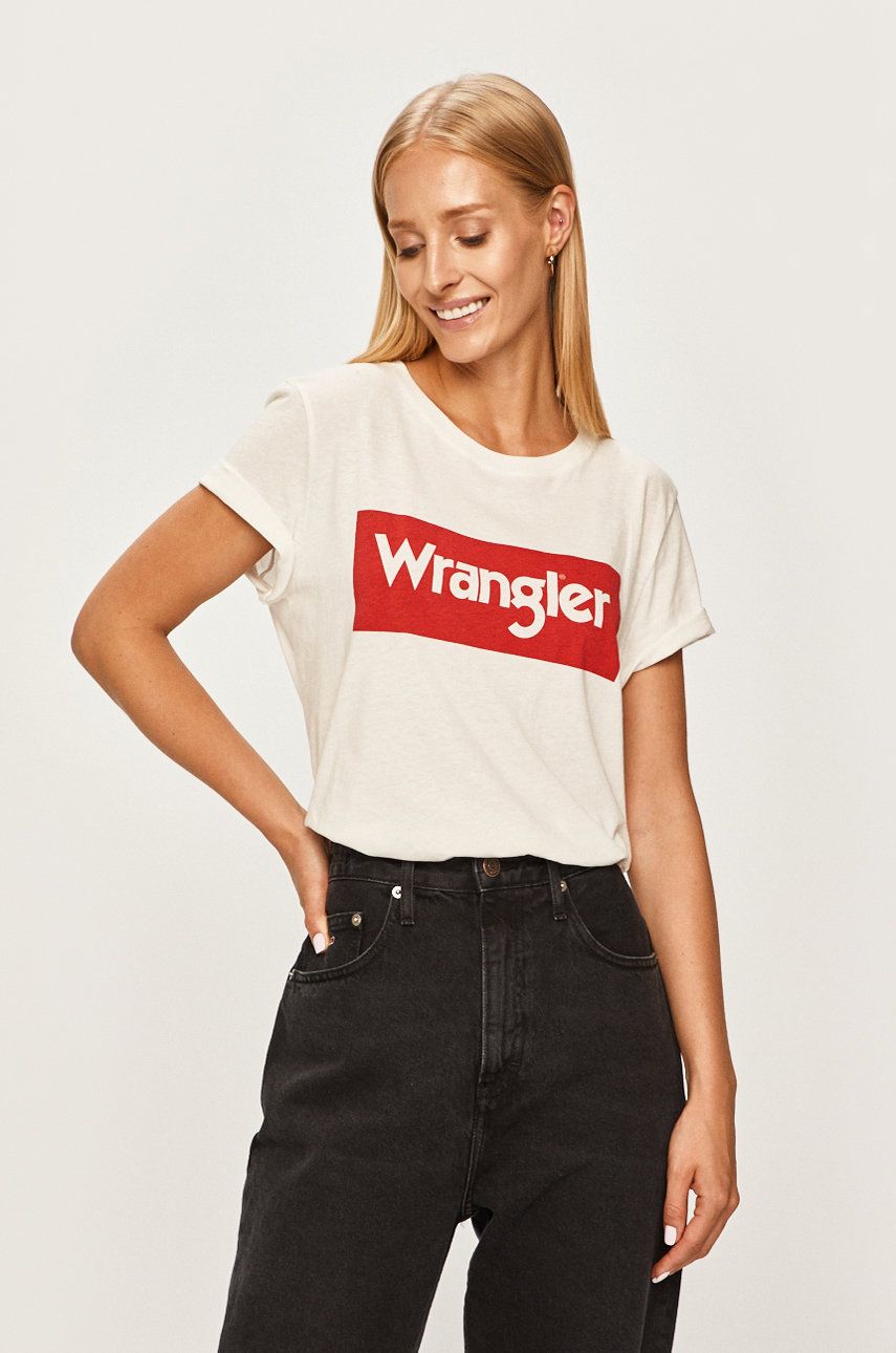 Tricou Wrangler alb original din tricot cu imprimeuri cu croi lejer