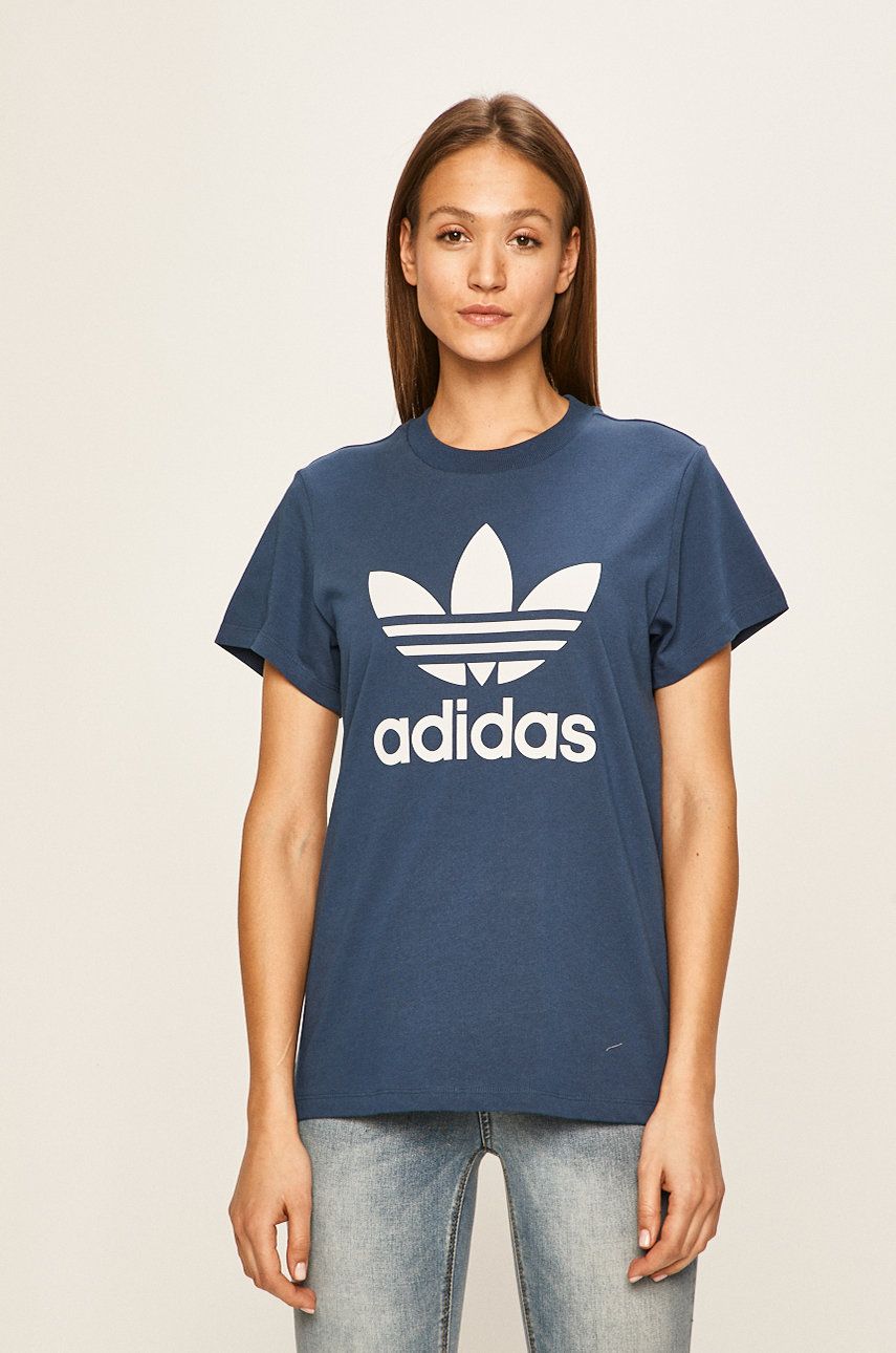 Tricou bleumarin adidas Originals din tricot cu imprimeuri cu croi lejer