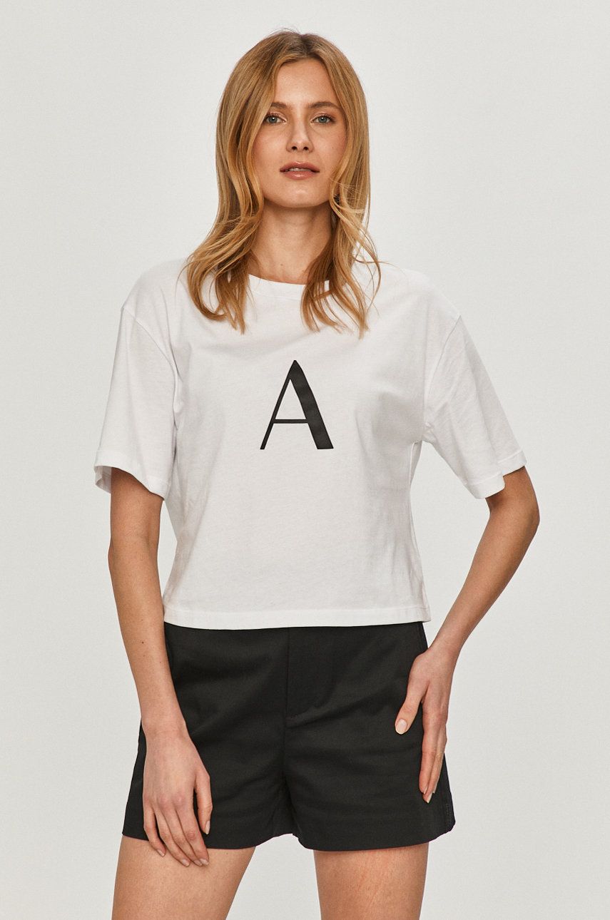 Tricou larg alb Armani Exchange din tricot cu imprimeuri cu croi lejer original