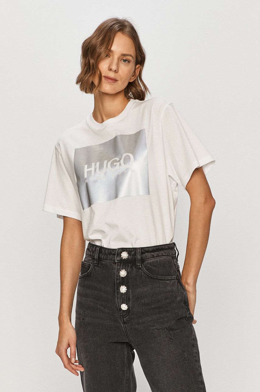 Tricou larg alb Hugo original din tricot cu imprimeuri cu croi lejer