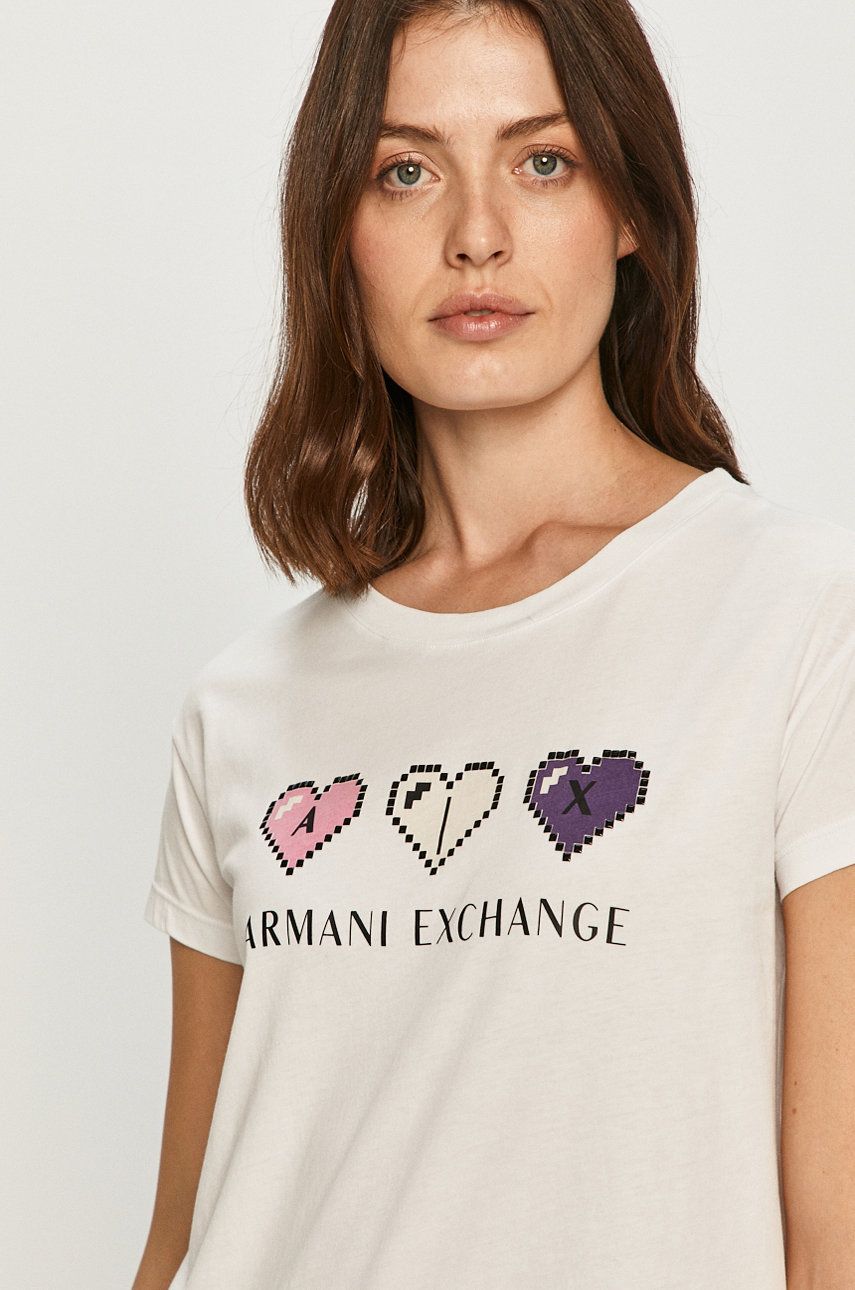 Tricou dama alb Armani Exchange din tricot cu imprimeuri cu croi drept