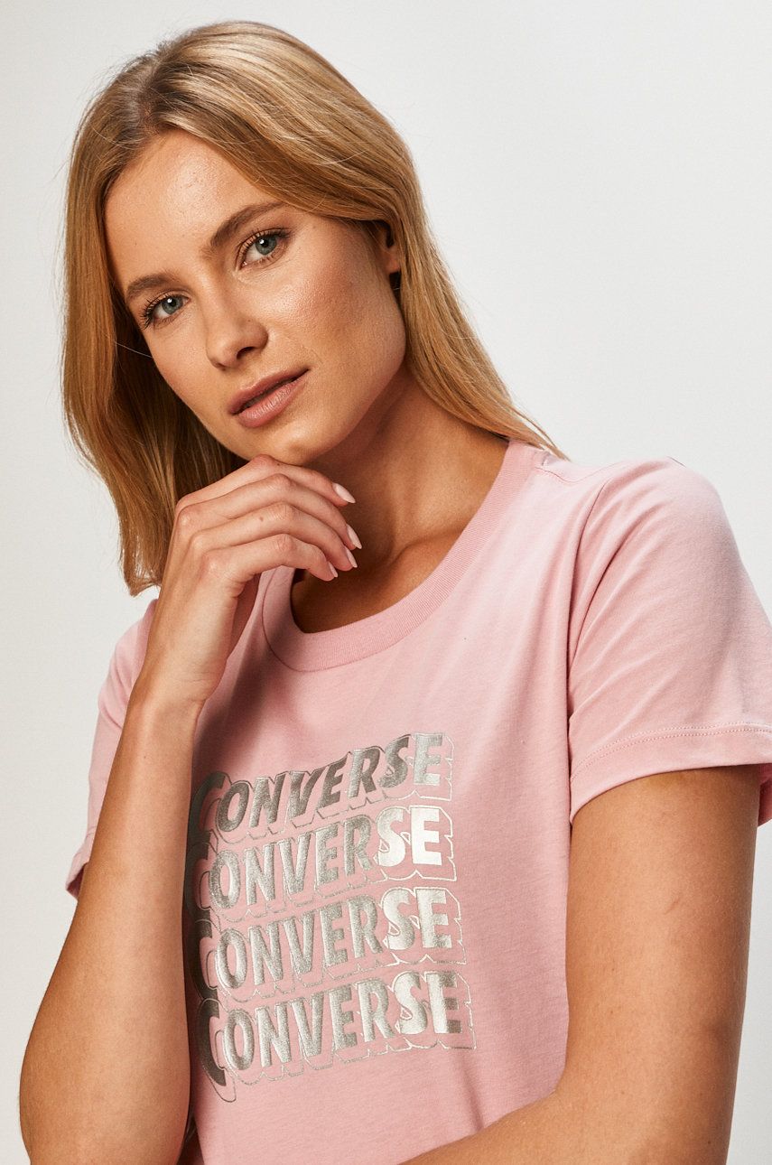 Tricou roz Converse subtire din material elastic cu croi drept