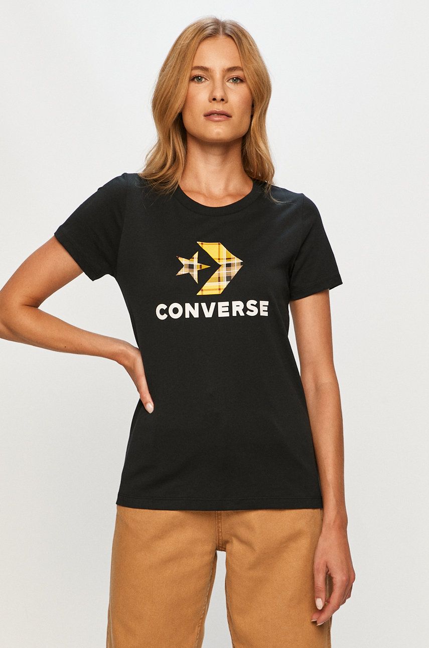 Tricou negru Converse subtire din material elastic cu croi drept