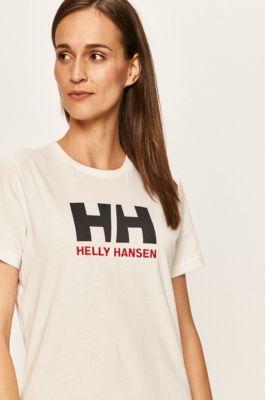 Tricou alb Helly Hansen subtire din material elastic cu croi drept