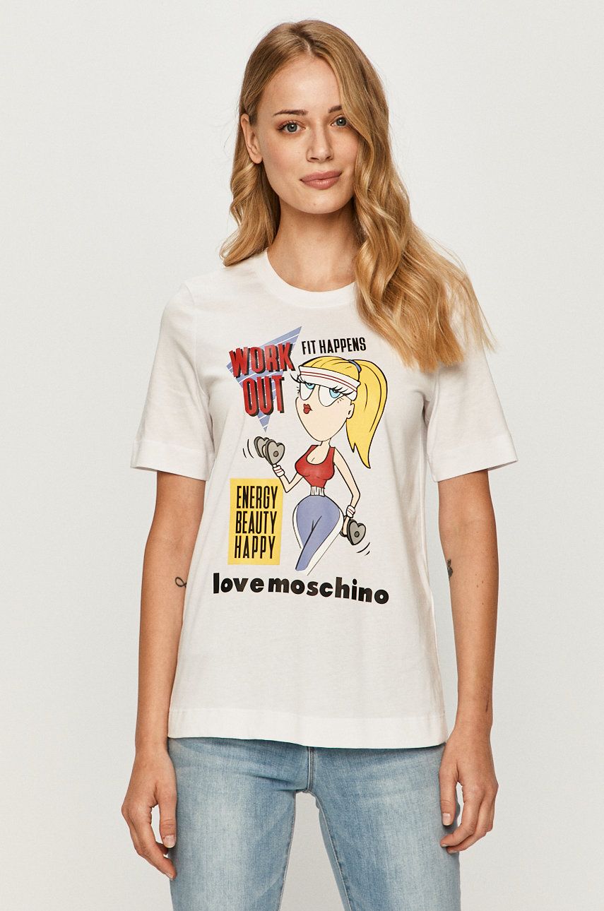 Tricou dama alb subtire Love Moschino din tricot cu imprimeuri cu croi drept