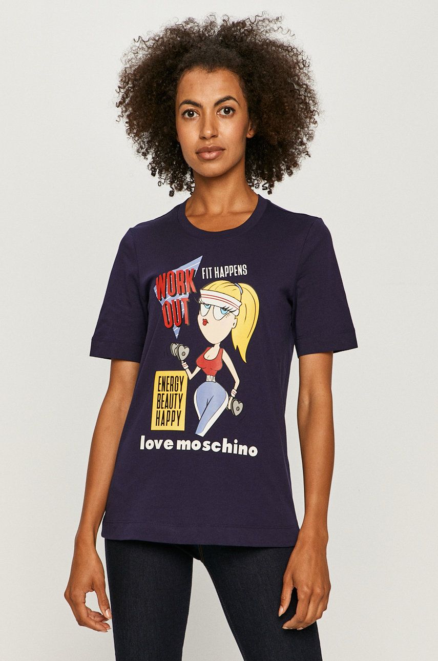 Tricou subtire original Love Moschino bleumarin din tricot cu imprimeuri cu croi drept
