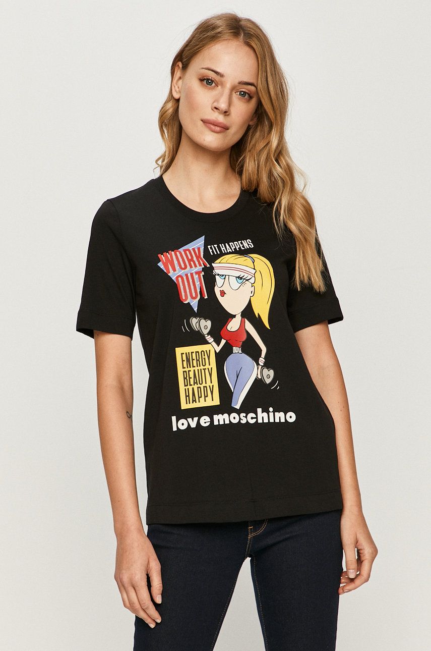 Tricou subtire negru Love Moschino de firma din tricot cu imprimeuri cu croi drept